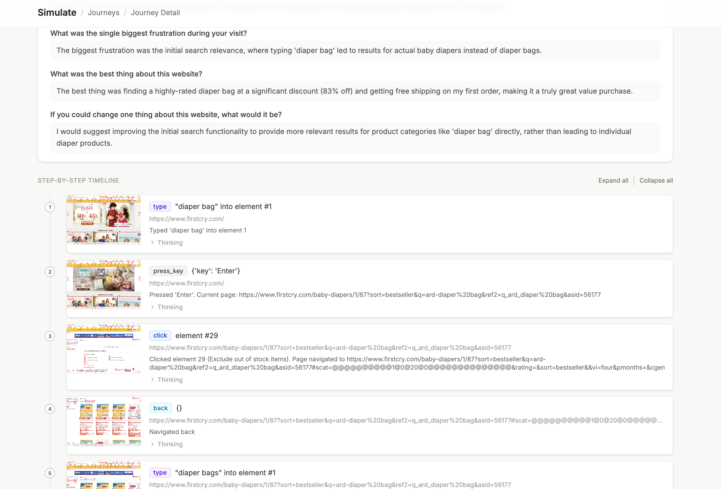 Step-by-step timeline with action log, thinking traces, and UX survey responses